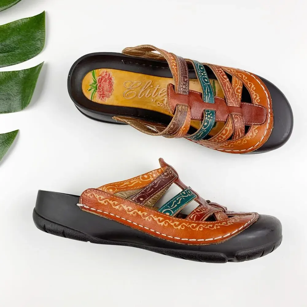 Elite by Corky's Rock Clogs Mules Slip On Sandals Colorful Leather Boho Womens 8